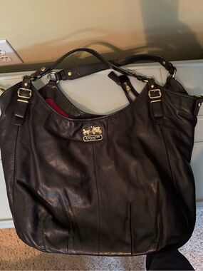 Coach Black Leather Shoulder Tote with Gold Accents
